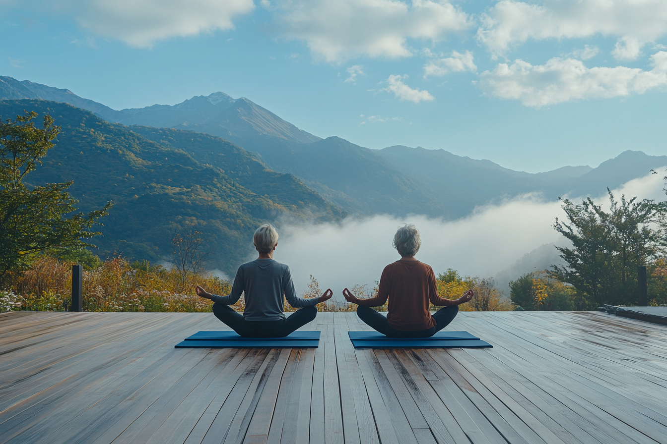 Жінка старшого віку медитує на природі в позі лотоса